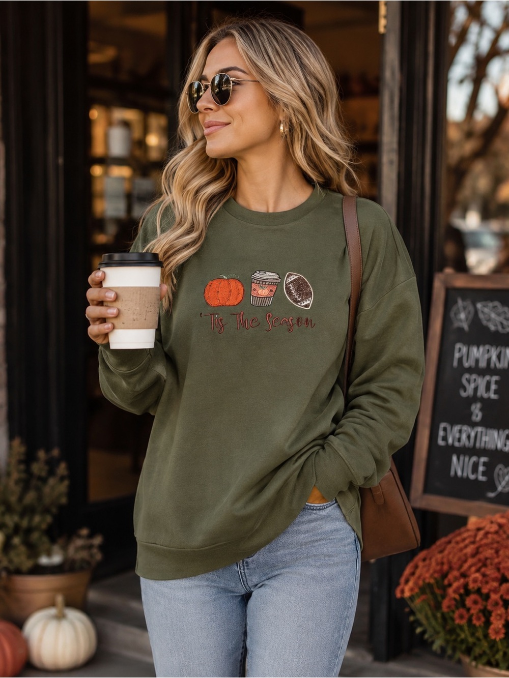 🍂FALL Cozy Olive 'Tis The Season' Graphic Sweatshirt-Pumpkin, Coffee & Football